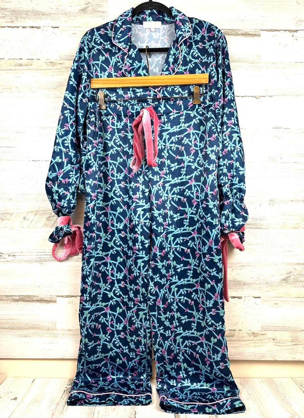Simply Southern Womens L Blue Pink Velvet Ribbon PJ Pants Shirt Set Cozy Soft